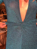 Vestido Maxi Deep V-Neck em Lurex Azul